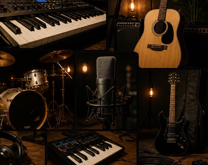 Music store collage with multiple instruments